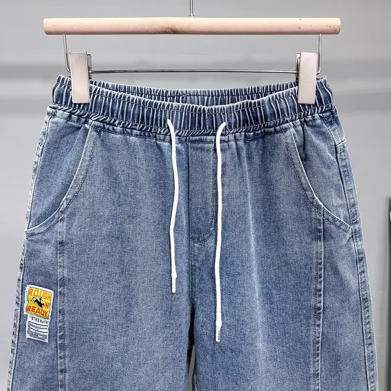 Cinco 5 puntos de pantalones cortos de mezclilla con costuras exteriores para hombres 2024 marca de moda de verano pantalones casuales de cintura elástica rectos sueltos