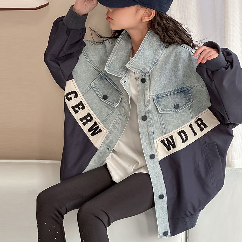 High-End Splicing Girls' Denim Jacket Children's Top 2025 Spring and Autumn New Style Long-Sleeve Jacket for Older Girls