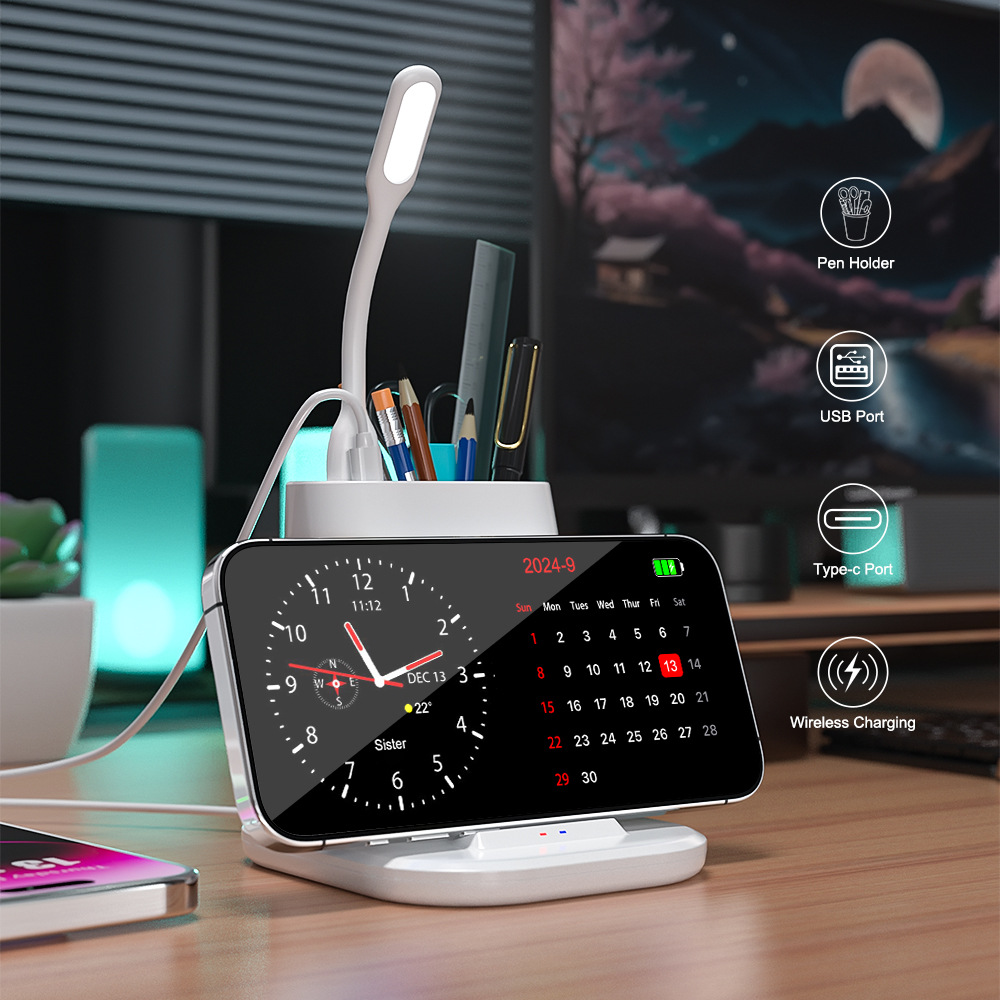 Organizador de escritorio con interfaz PD, portalápices, ventilador pequeño externo, lámpara de escritorio pequeña, caja de almacenamiento, cargador inalámbrico