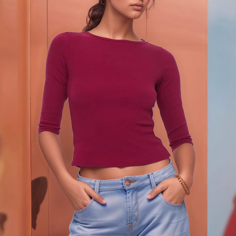 Shein Amazon 2025 Spring and Summer New European and American Women's Slim Fit Fashion Round Neck Solid Color Y2K Women's T-Shirt