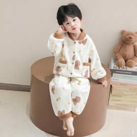 男童睡衣秋冬季珊瑚绒2025新款男孩立领套装法兰绒冬款儿童家居服