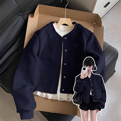 藏蓝色短款外套棒球服领女2025新款早秋季夹克美式正肩小个子上衣