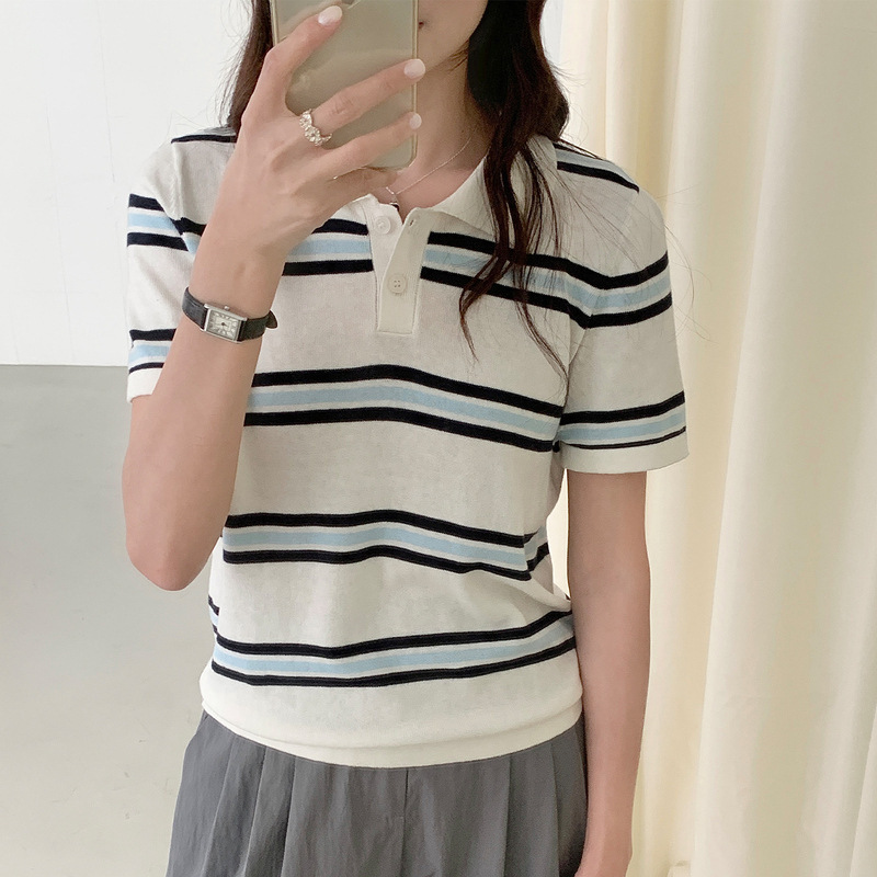 Spring and Summer New Style 100% Cotton Knitted Short-Sleeved Polo Collar Women's Pullover T-Shirt with Contrasting Stripes Design Trendy Top