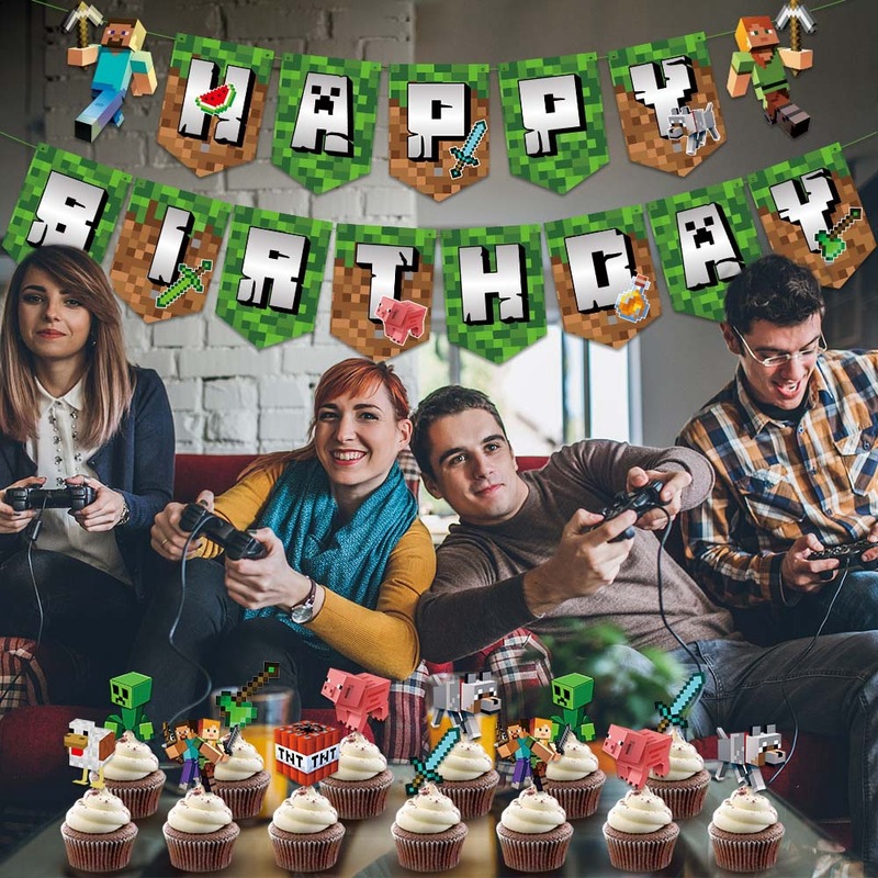マインクラフト 誕生日パーティー デコレーションセット ピクセルバトル ハッピーバースデー フラッグ ケーキ デザート デコレーション|undefined