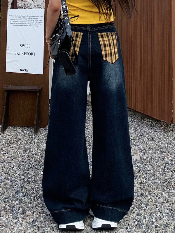 蝴蝶结复古格子拼接阔腿牛仔裤秋季美式高腰小众设计感直筒拖地裤|undefined