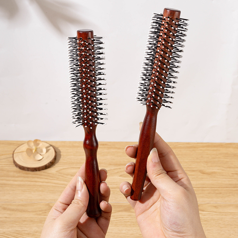 理髪店カーリングツール赤茶色の木製コームシリンダーカーリングコームふわふわヘアスタイルログローリングコーム|undefined