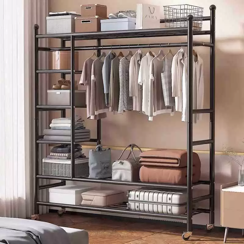 Напольная вешалка для одежды для спальни, бытовая простая вешалка для одежды с колесиками, сушилка для одежды на балконе, многослойная стойка для хранения в гостиной
