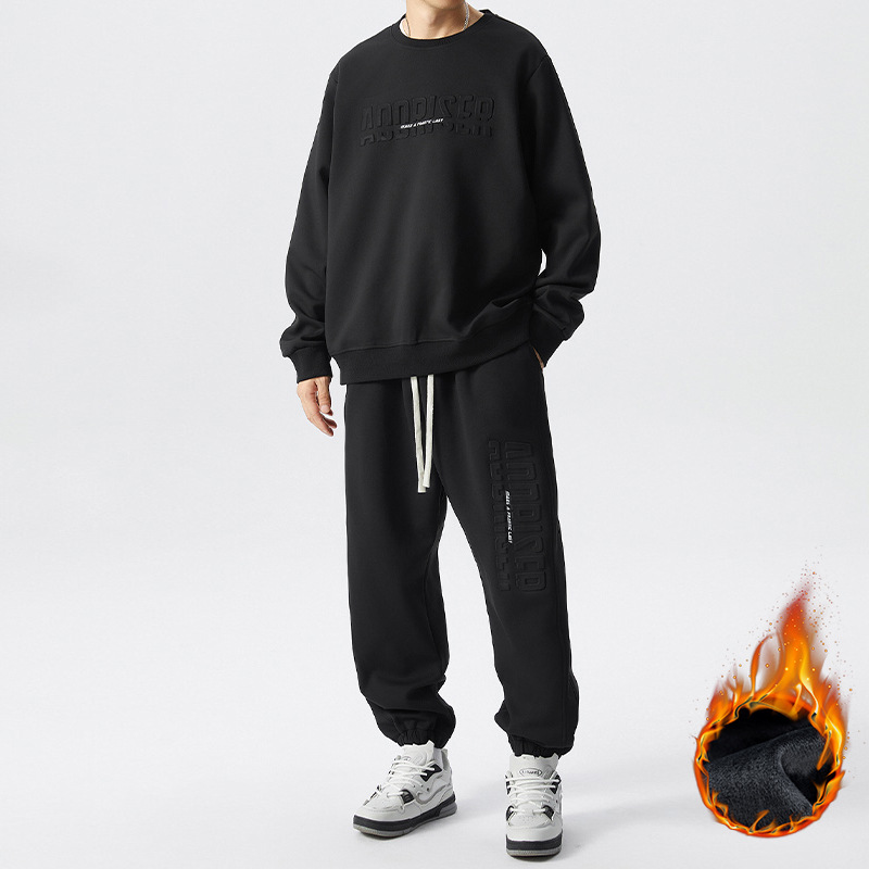 (2개) 플러스 사이즈 기모 두꺼운 세트 남자 플러스 사이즈 뚱뚱한 남자 뚱뚱한 남자 유행 인쇄 겨울 청소년 스포츠웨어 트렌디