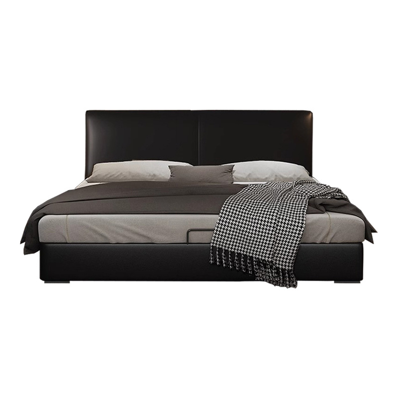 Cama de cuero simple italiana multifuncional doble cama principal tipo pequeño caja de almacenamiento cama de cuero negro