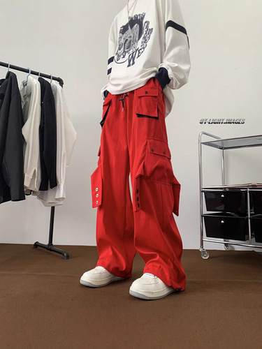 American street work pants for men and women, autumn and winter casual loose color-blocking pocket straight-leg tie-up wide-leg long pants, trendy