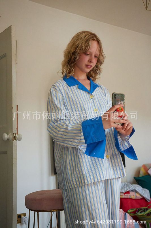 アマゾン秋冬越境欧米の婦人服のストライプは色の2つのセットの女性のカジュアルなズボンのパジャマをつなぎ合わせます。|undefined