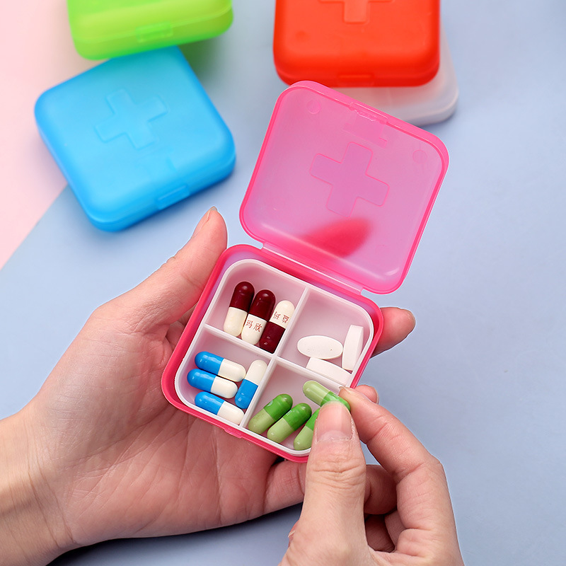 Cross four-GRID Mini Square small medicine box portable portable plastic box compartment medicine box jewelry storage box