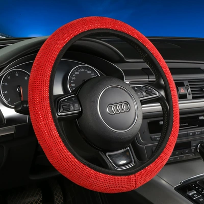 Cross-Border Hot-Selling Full Rhinestone-Studded: Steering wheel cover - red-diamond-38cm