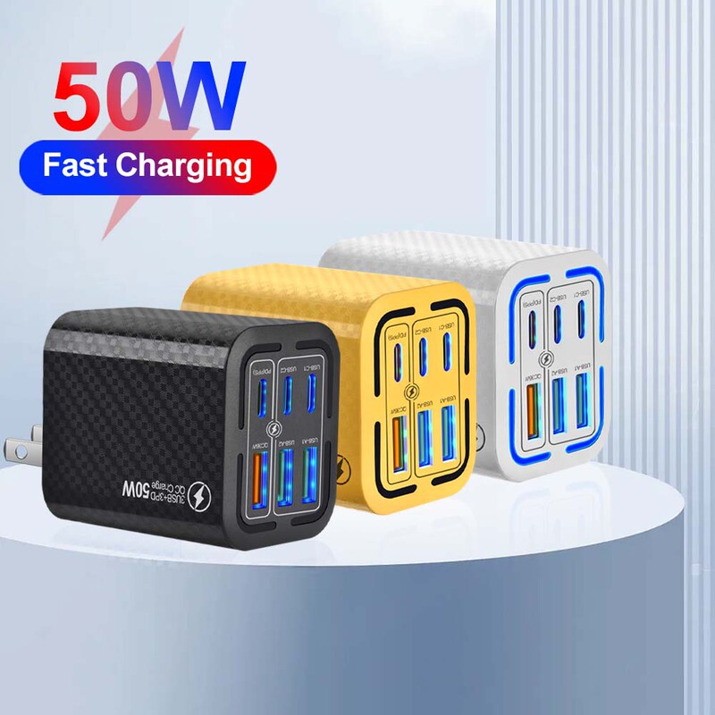50W 6Ports 3USB 3PD multi-interface fast charging mobile phone charging head European, American, British and Korean mobile phone charging head