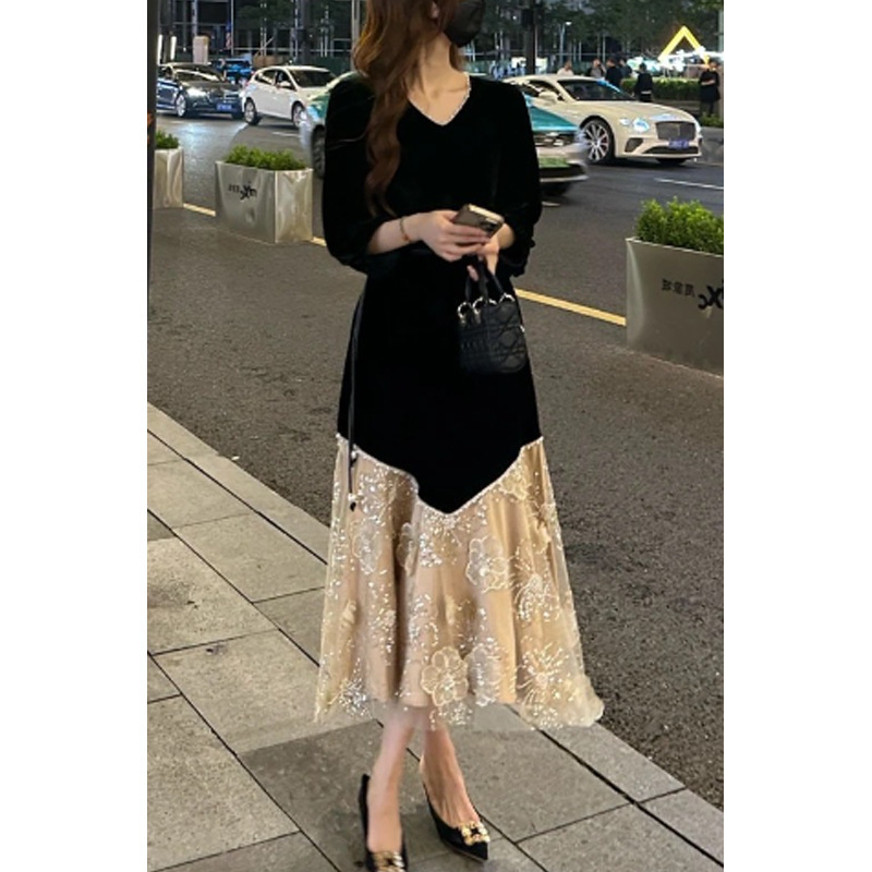 JUEMEI 时髦法式气质连衣裙女秋季新款时髦洋气中长款拼接长裙|undefined