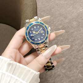 时尚间金蓝面男士石英腕表潜水风格夜光显示钢带个性手表一件代发