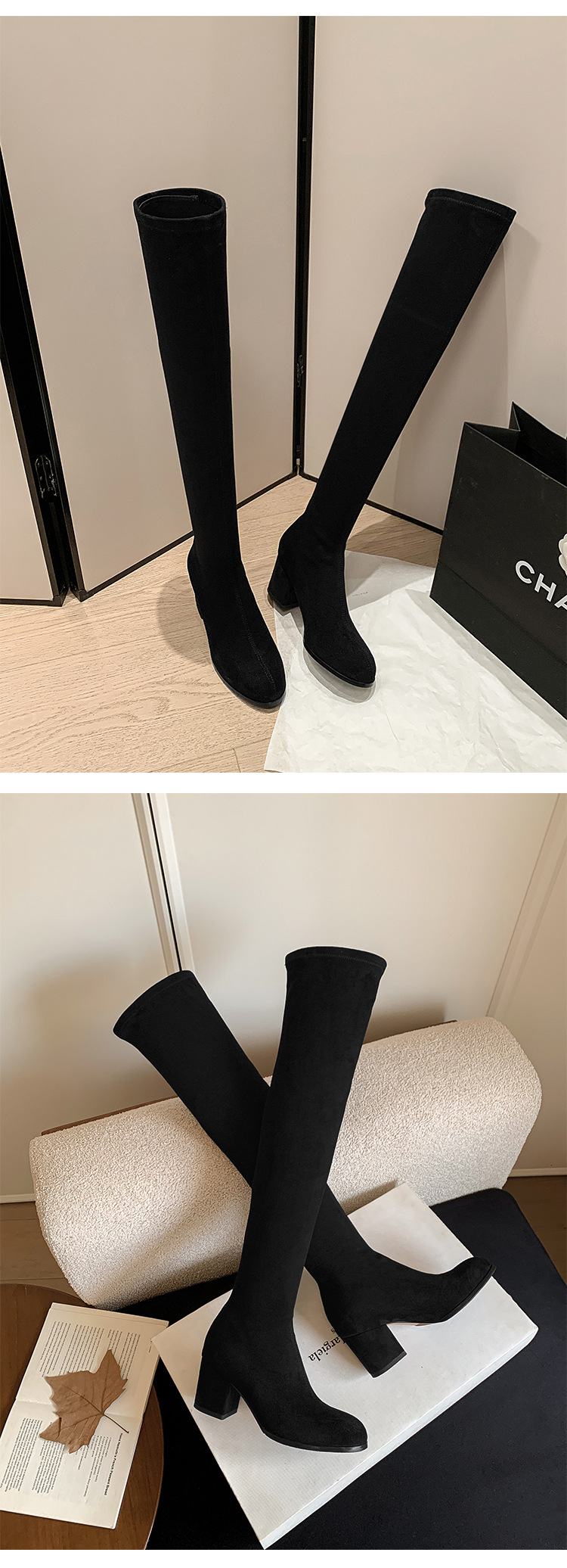 Boot nữ cổ cao ôm bắp chân mũi tròn gót vuông đế dày da lộn — Lớp lót đơn trên đầu gối màu kaki chi tiết 38
