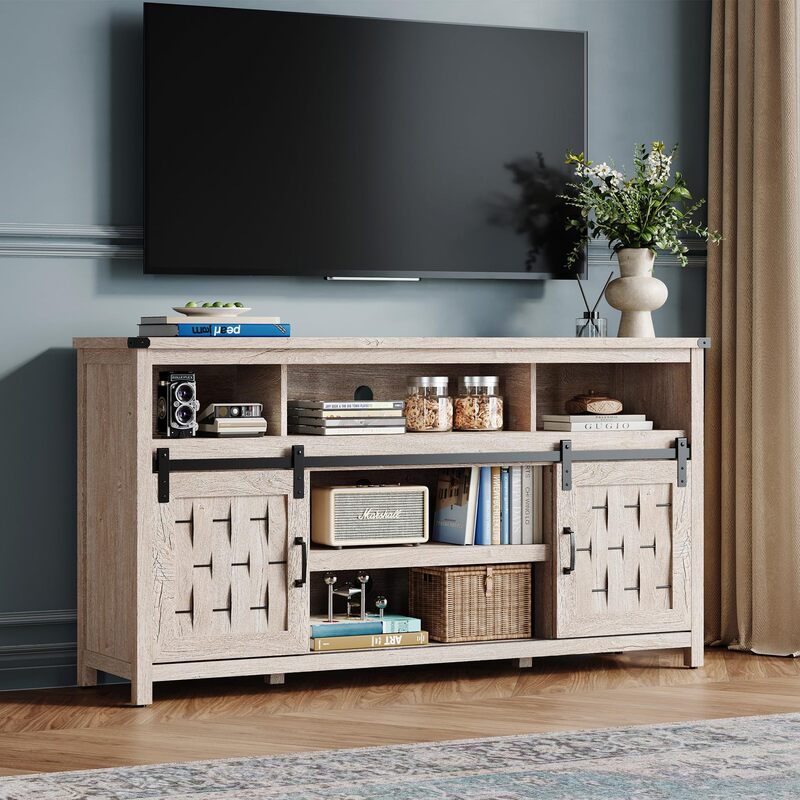 Farmhouse Style Tv Stand with Sliding Barn Door Rustic Media Console with Storage Shelves for Living Room Wood Light Grey