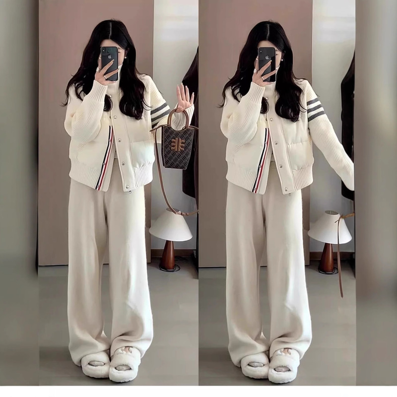 拼接羽绒棉服女小个子穿搭针织短款TB冬季休闲外套女立领棉衣加厚|undefined