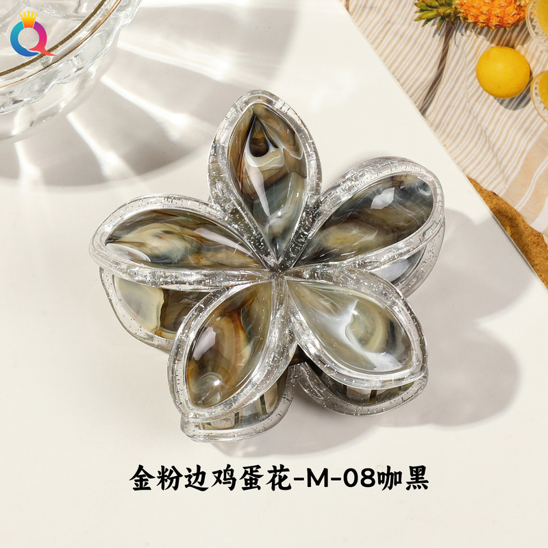 奇阅跨境新款网红金粉边鸡蛋花发夹后脑勺半扎花朵抓夹鲨鱼夹发卡|undefined
