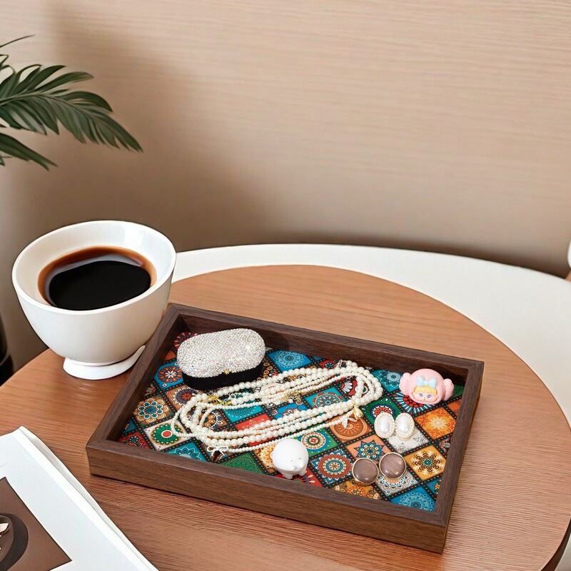 Retro Tray Bohemian Orange Tea Tray Desktop Key Wooden Photo Frame Ornaments Storage Box Snack Storage Tray