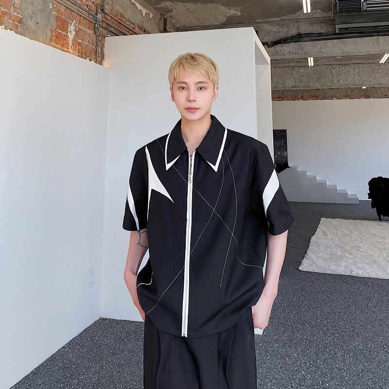 Plagian handsome design cut line short sleeve shirt summer lapel raw edge contrast men's shirt ootd wear Plagian handsome design cut line short sleeve shirt summer lapel raw edge contrast men's shirt ootd wear