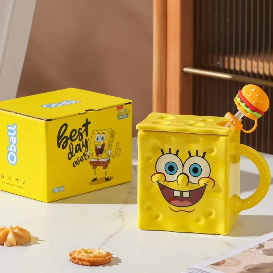 Personalidad creativa esponja bebé productos genuinos autorizado de dibujos animados taza de agua de cerámica regalo taza de paja con tapa