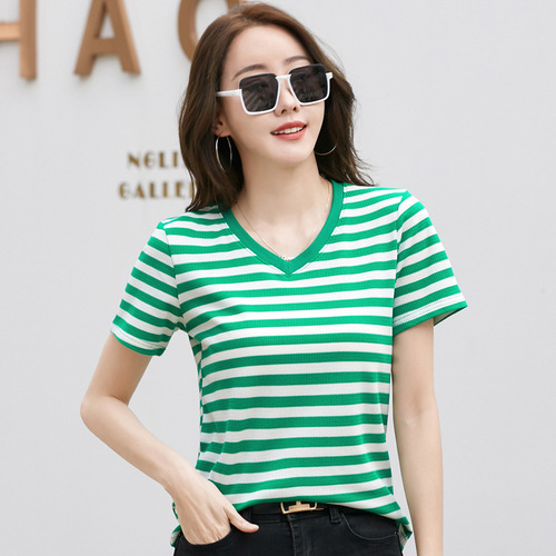 397 华夫格条纹V领宽松短袖T恤夏季新款韩版文艺休闲纯色百搭上衣