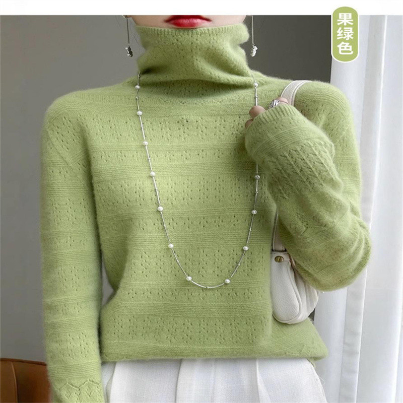 2025 새로운 도착 전선 의류 캐시미어 더미 칼라 니트 스웨터 여성용 짧은 할로우 울 스웨터베이스 탑