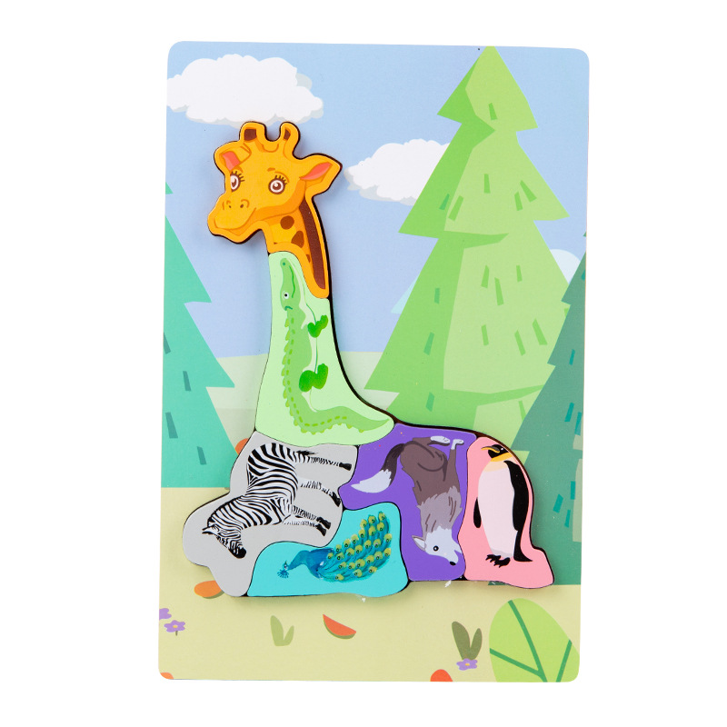 Juguetes educativos de madera para niños pequeños, bloques de construcción al por mayor, rompecabezas 3D creativos con forma de animales para emparejar.