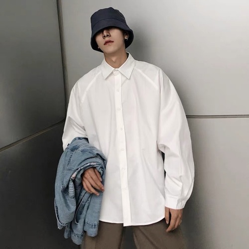 White Shirt Men Long Sleeve Innerwear Spring and Autumn Trend Couple's Loose Suit Collar Top Literary Hong Kong Style Men's Top