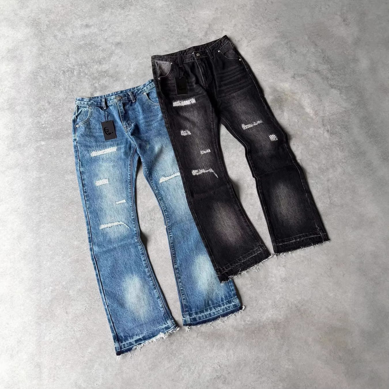 Vintage Washed Women's High-Waisted Flared Jeans Y2K Streetwear Retro Denim Pants With Handmade Distressed Details_mkmklike.com