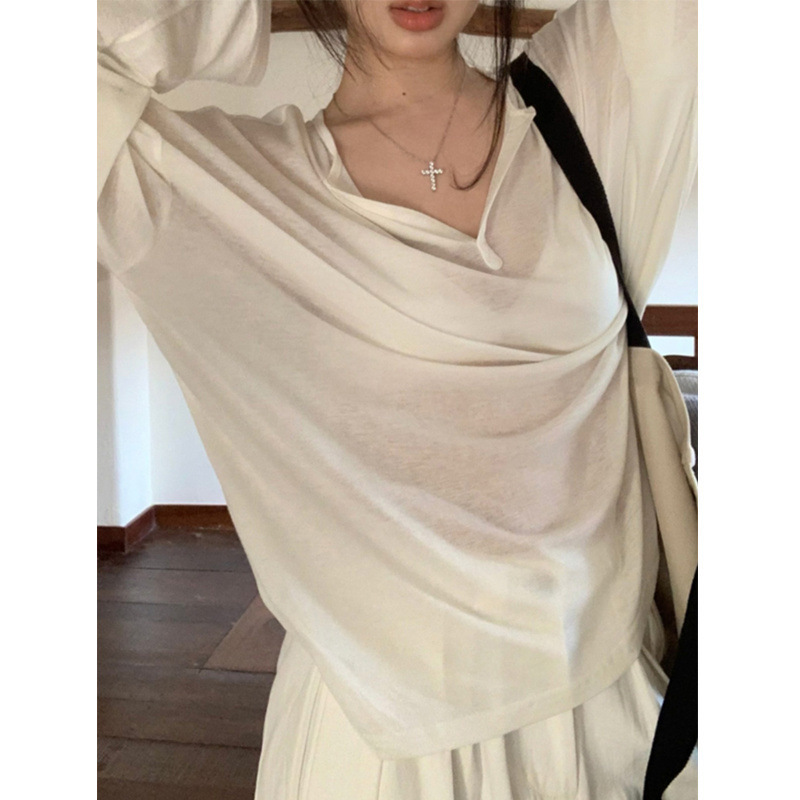 ホットガール日焼け止めブラウス女性の夏 2025 新しい微透けマスク長袖 Tシャツ純粋な欲望アウターレイヤードホワイトトップ|undefined