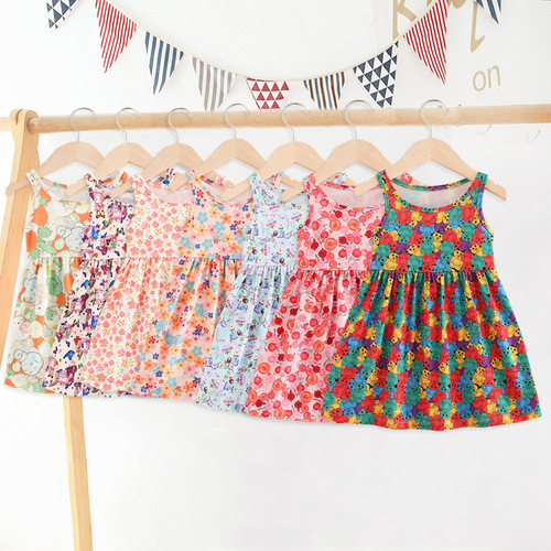 Cross-border new style milk silk printed children's dress sleeveless pastoral style girls floral vest dress