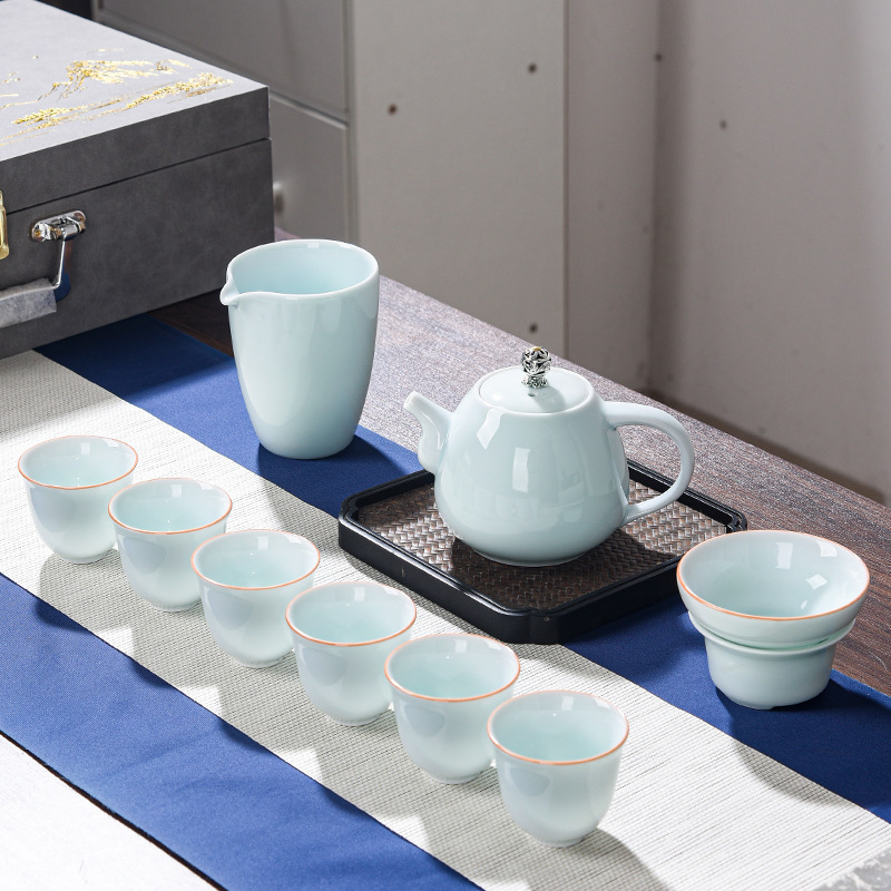 青瓷陶瓷功夫茶具套裝可logo商務家用活動禮品蓋碗陶瓷茶具批發