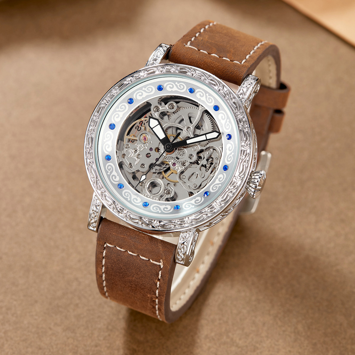 Men's Automatic Mechanical Watch With Leather Strap And Steel Case_voghion.com