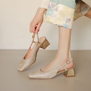 31-43 Large Size Shoes New Chinese Style National Style Baotou Thick Heel Sandals Women's Summer New Style Rear Empty One-Shoe Mid-Heel Shoes