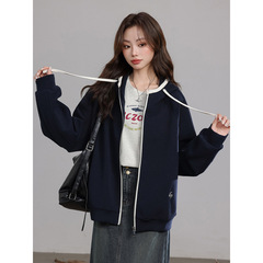 藏青色卫衣女2025新款外套白色包边撞色开衫设计感连帽衫ins上衣