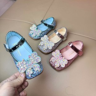 Princess Shoes Children's Women's 2024 Summer Fashion Elsa Flat Heel Soft Sole Big Girl Crystal Single Shoes for Baby