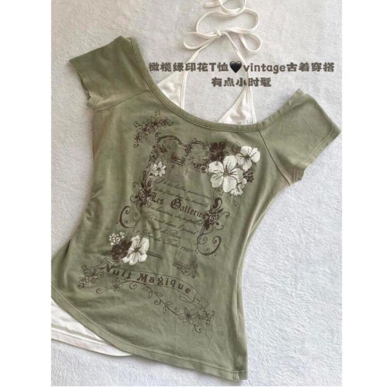 Subculture Punk Vintage Retro Fake Two-Piece American Sweet and Spicy Short-Sleeve T-Shirt for Women Slim Fit Top