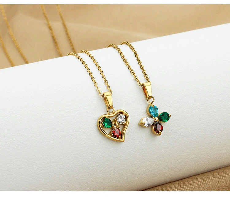 12g Weight Titanium Steel Pendant Material Wholesale Jewelry Elegant Simple Style Heart Shape Floral Titanium Steel Zircon Inlay Pendant Necklace