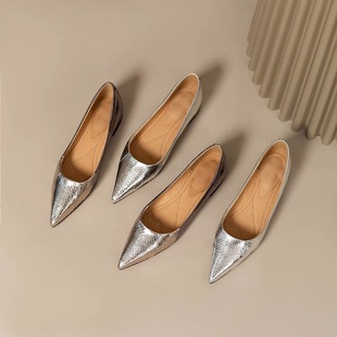 2024 Spring and Summer New Style Leather Pattern Pointed Toe Low Heel Flat Shoes Shallow Mouth All-Match Women's Shoes Silver Temperament Single Shoes for Women