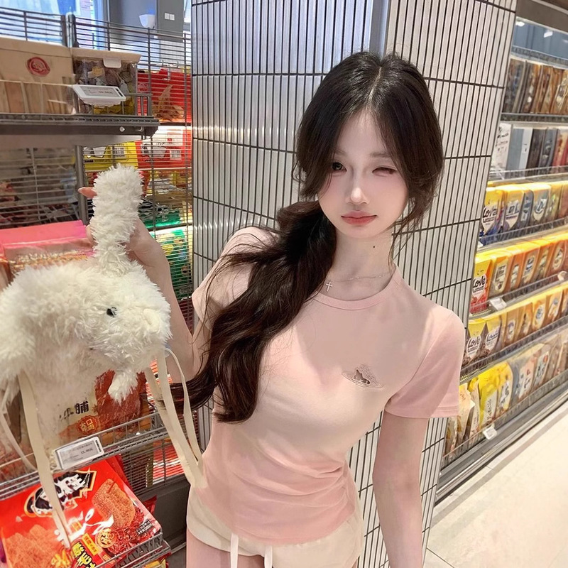 Design Sense Hollow-out Embroidered Kt Cat Tight Waist Shoulder Summer New Short-sleeved T-shirt Women's Slim-fit Slimming Top Ins Trendy