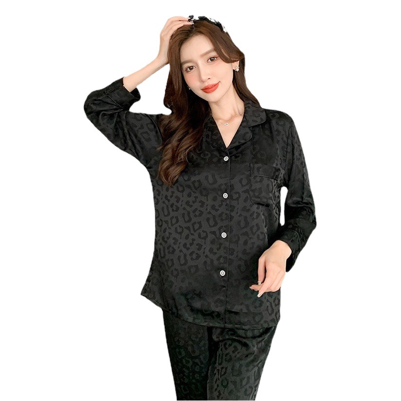 Pijamas Mujer Primavera y Otoño Nueva Delgada de gran tamaño elegante estilo Coreano estampado leopardo negro manga larga pantalones desgaste del hogar traje fábrica al por mayor
