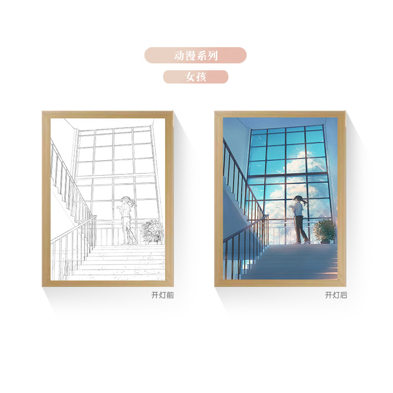 Tres colores TikTok popular pintura ligera de dibujos animados dormitorio noche pintura luminosa marco de fotos de madera maciza creativo bricolaje fabricante