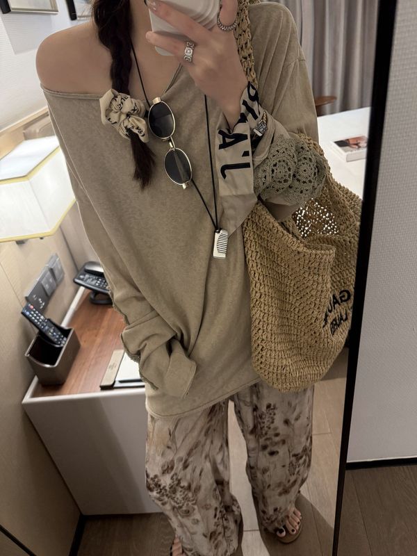 女性用の古いカールオフショルダー長袖Tシャツ、かぎ針編み刺繍、中空ステッチ、レイジープルオーバートップ|undefined