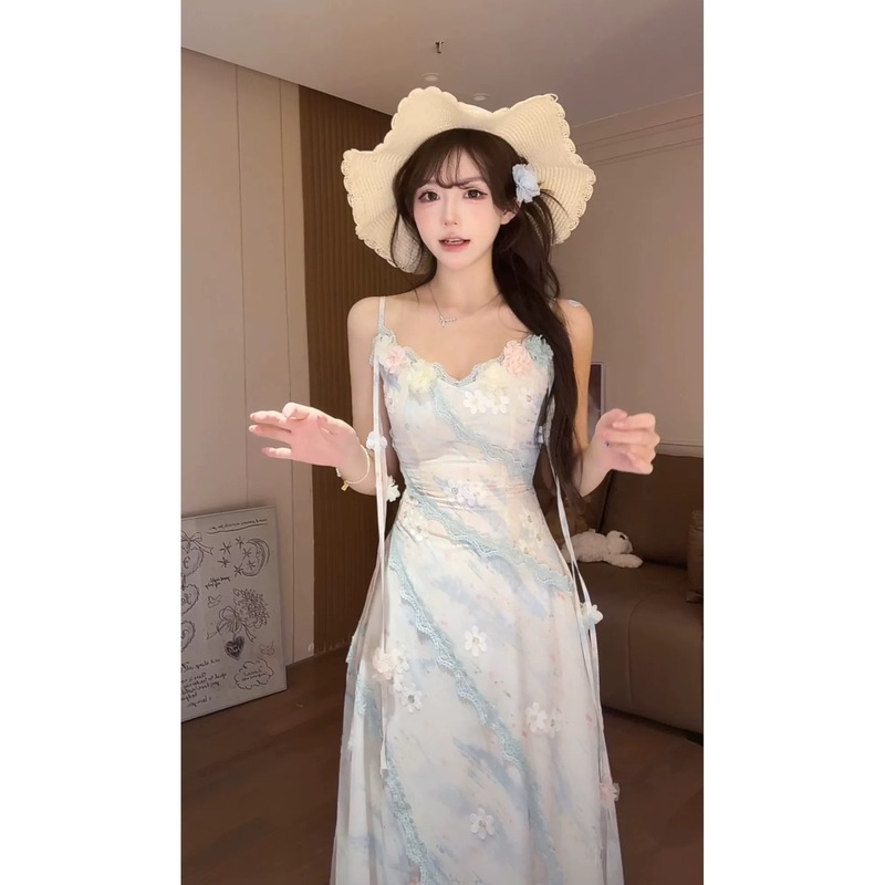 立体的な花のデザインが施された夏の純粋な欲望のドレス、超妖精の甘い女の子のシフォン花柄スカート、スリムでスリムなロングスカート|undefined