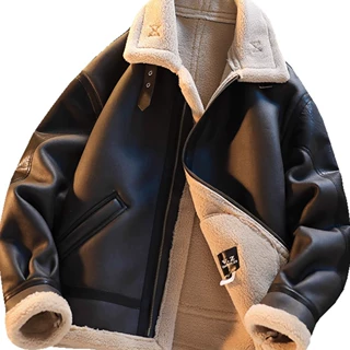 皮毛一体外套男冬季加绒加厚机车服潮牌鹿皮绒夹克棉服羊羔绒皮衣