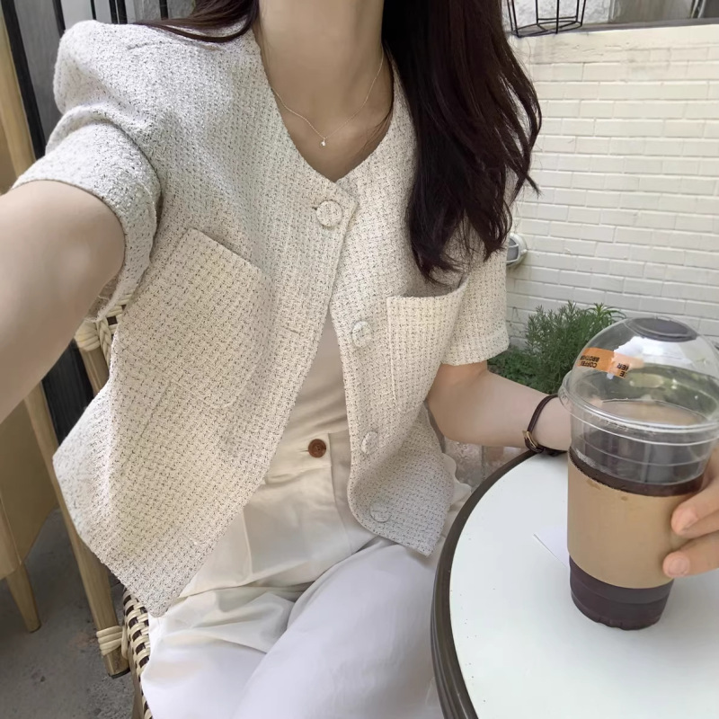 French-Style Elegant Short Blazer for Women, Summer High-End Fashionable Chic Single-Breasted Slim-Fit Short-Sleeve Top