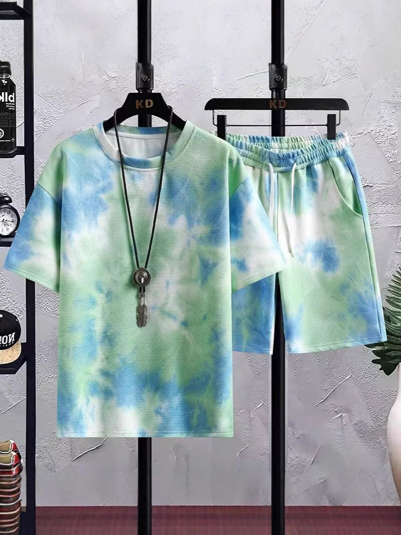 Camisas menos ropa deportiva set hombre de verano camiseta de mangas cortas camiseta de baloncesto casual coreano atado teñido pantalones cortos set de dos piezas